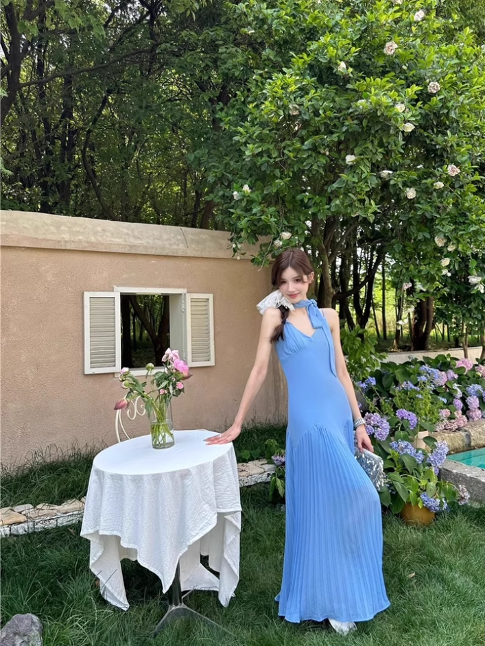 Gorgeous Fashionable Sweetheart Neck Maxi Dress Pressed Pleat Splicing Everyday Wear Spaghetti Strap Long Dress AP1320