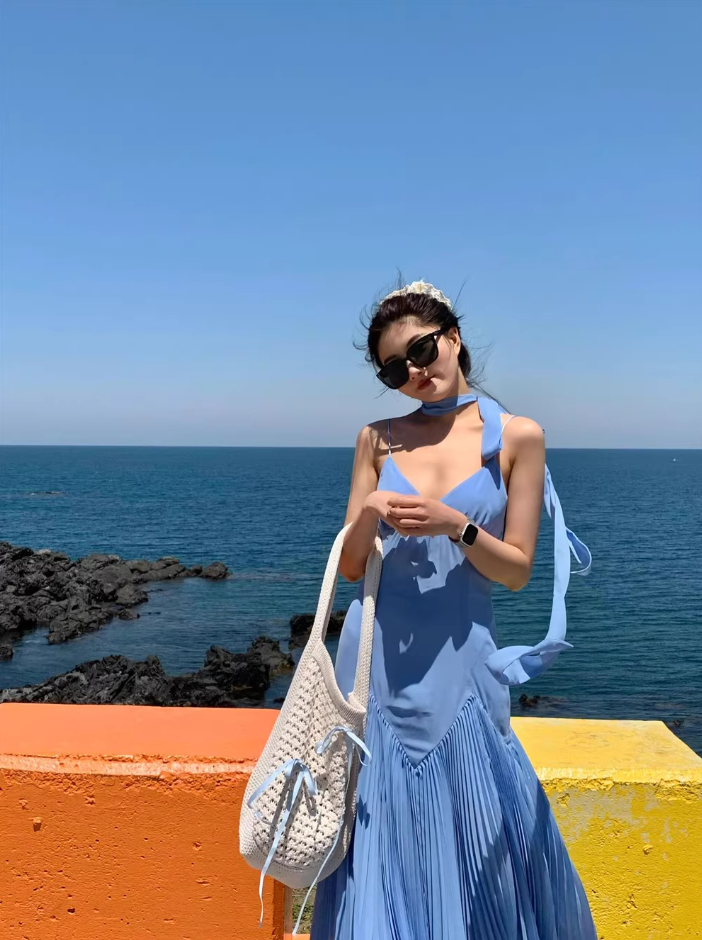 Gorgeous Fashionable Sweetheart Neck Maxi Dress Pressed Pleat Splicing Everyday Wear Spaghetti Strap Long Dress AP1320