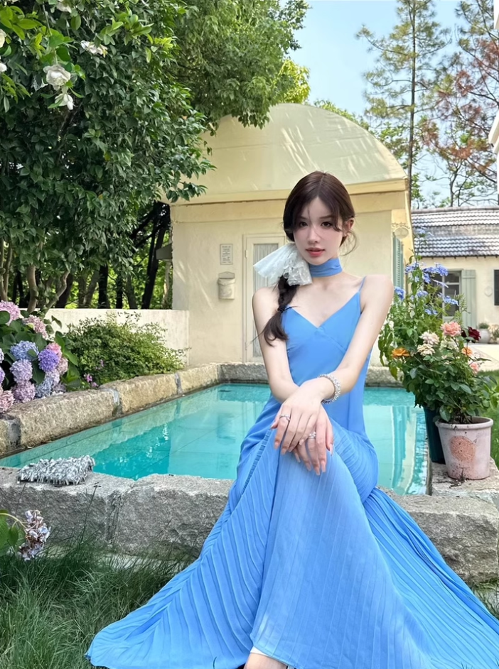 Gorgeous Fashionable Sweetheart Neck Maxi Dress Pressed Pleat Splicing Everyday Wear Spaghetti Strap Long Dress AP1320