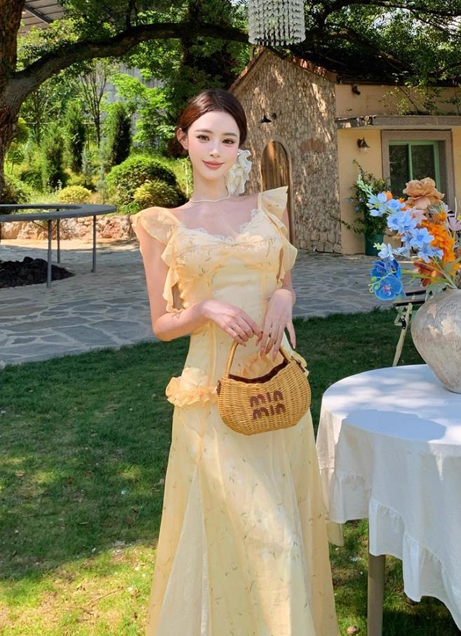 French Style Flutter Strap Ruffles Trimmed Maxi Dress Chic Sheer Lace Splicing Floral Print Backless Long Dress AP1321