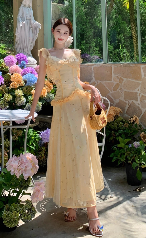 French Style Flutter Strap Ruffles Trimmed Maxi Dress Chic Sheer Lace Splicing Floral Print Backless Long Dress AP1321