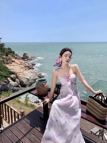 French Style Purple Petal Print Maxi Dress Graceful Flower Design Spaghetti Strap Long Dress AP1322