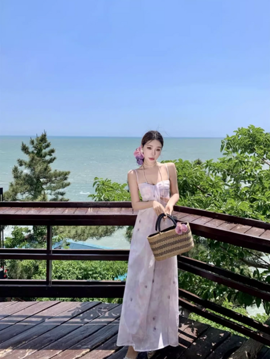 French Style Purple Petal Print Maxi Dress Graceful Flower Design Spaghetti Strap Long Dress AP1322