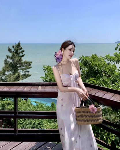 French Style Purple Petal Print Maxi Dress Graceful Flower Design Spaghetti Strap Long Dress AP1322