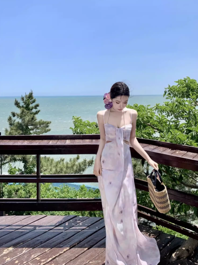 French Style Purple Petal Print Maxi Dress Graceful Flower Design Spaghetti Strap Long Dress AP1322