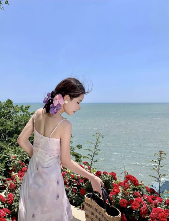 French Style Purple Petal Print Maxi Dress Graceful Flower Design Spaghetti Strap Long Dress AP1322