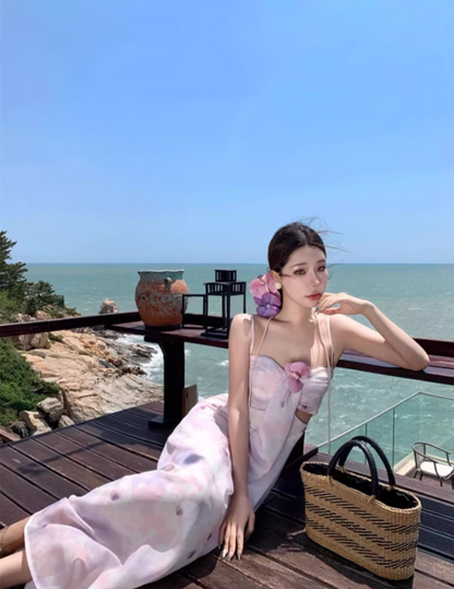 French Style Purple Petal Print Maxi Dress Graceful Flower Design Spaghetti Strap Long Dress AP1322