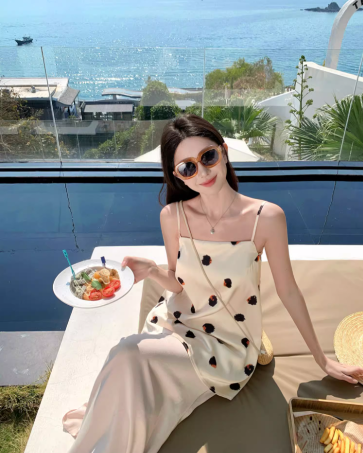 Vogue Two-Piece Set Polka Dot Design Maxi Dress Charming Sheath Spaghetti Strap Mermaid Long Dress AP1323