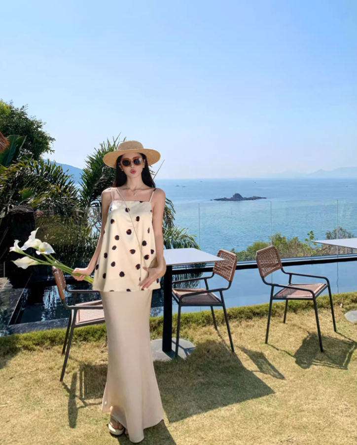 Vogue Two-Piece Set Polka Dot Design Maxi Dress Charming Sheath Spaghetti Strap Mermaid Long Dress AP1323