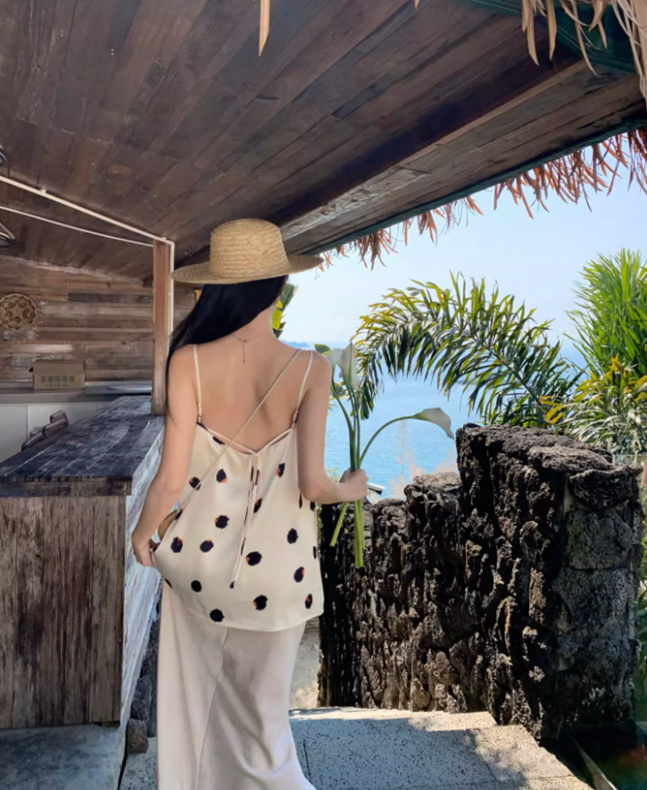 Vogue Two-Piece Set Polka Dot Design Maxi Dress Charming Sheath Spaghetti Strap Mermaid Long Dress AP1323