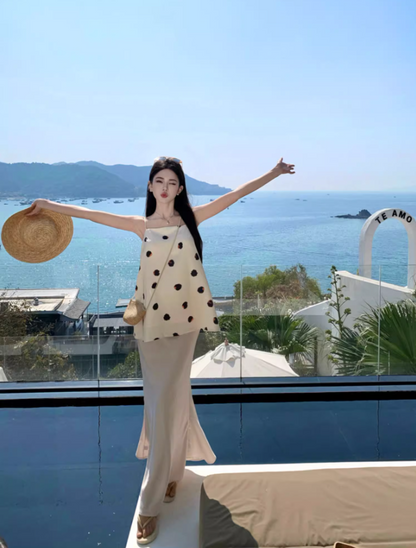 Vogue Two-Piece Set Polka Dot Design Maxi Dress Charming Sheath Spaghetti Strap Mermaid Long Dress AP1323