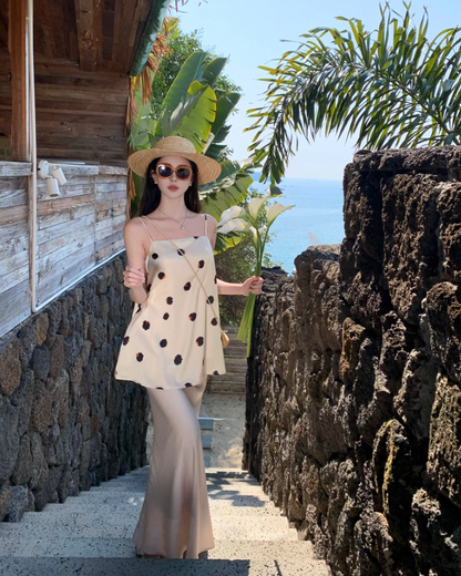 Vogue Two-Piece Set Polka Dot Design Maxi Dress Charming Sheath Spaghetti Strap Mermaid Long Dress AP1323