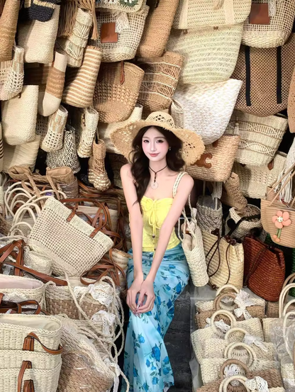 Vibrant Two-Piece Set Tie-Front Maxi Dress Hot Girls Floral Print Everyday Wear Strapless Long Dress AP1324