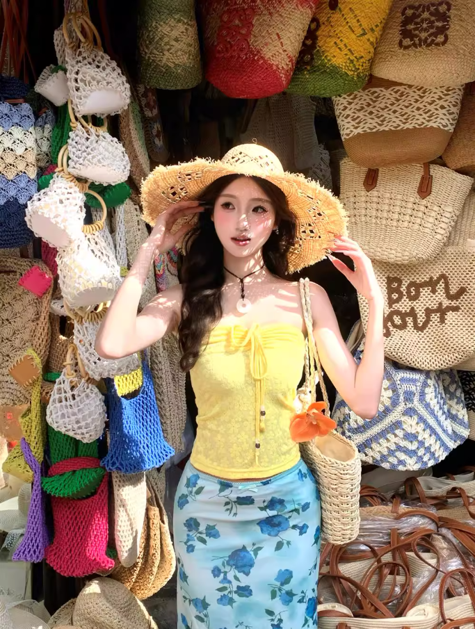 Vibrant Two-Piece Set Tie-Front Maxi Dress Hot Girls Floral Print Everyday Wear Strapless Long Dress AP1324