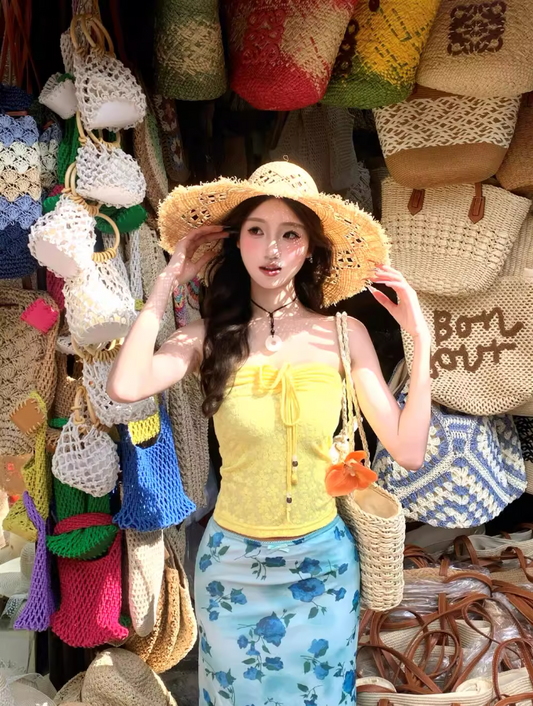 Vibrant Two-Piece Set Tie-Front Maxi Dress Hot Girls Floral Print Everyday Wear Strapless Long Dress AP1324