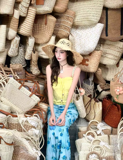 Vibrant Two-Piece Set Tie-Front Maxi Dress Hot Girls Floral Print Everyday Wear Strapless Long Dress AP1324