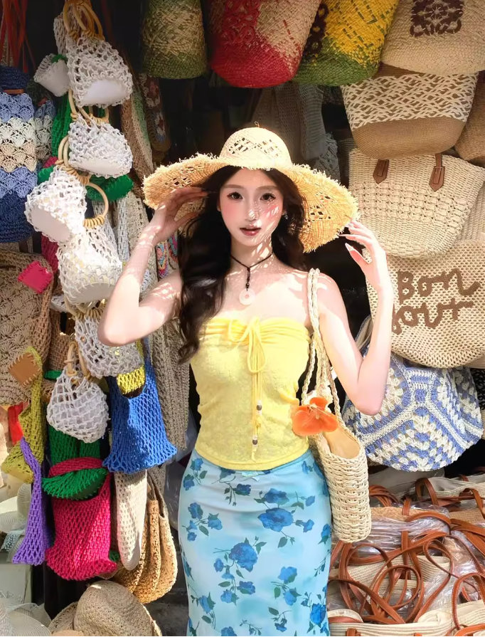 Vibrant Two-Piece Set Tie-Front Maxi Dress Hot Girls Floral Print Everyday Wear Strapless Long Dress AP1324