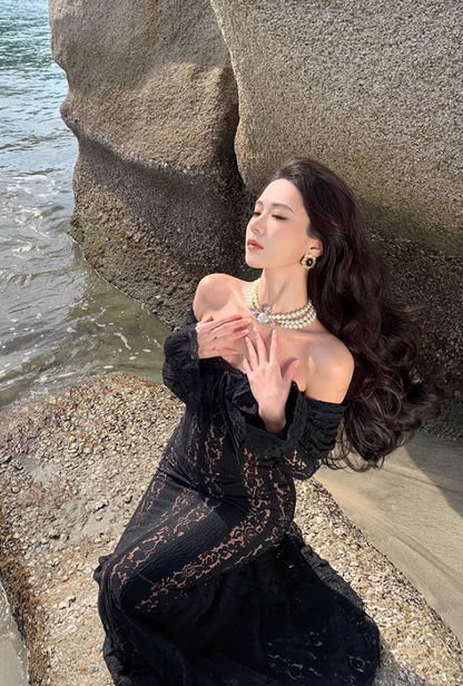 Sexy Hollow Lace Overlay Black Mermaid Maxi Dress Alluring Sheath Long Sleeve Off-Shoulder Long Dress AP1326