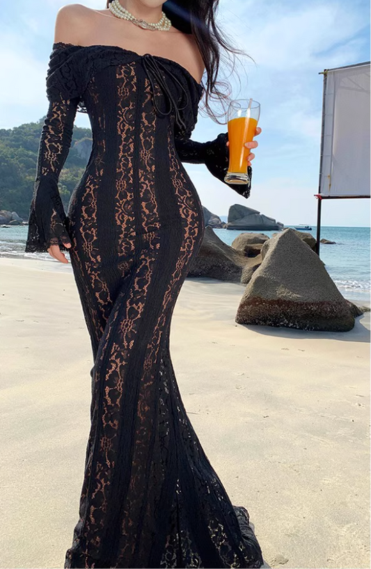 Sexy Hollow Lace Overlay Black Mermaid Maxi Dress Alluring Sheath Long Sleeve Off-Shoulder Long Dress AP1326