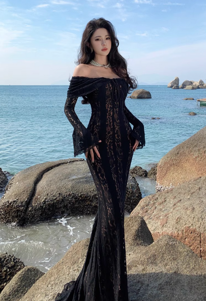 Sexy Hollow Lace Overlay Black Mermaid Maxi Dress Alluring Sheath Long Sleeve Off-Shoulder Long Dress AP1326