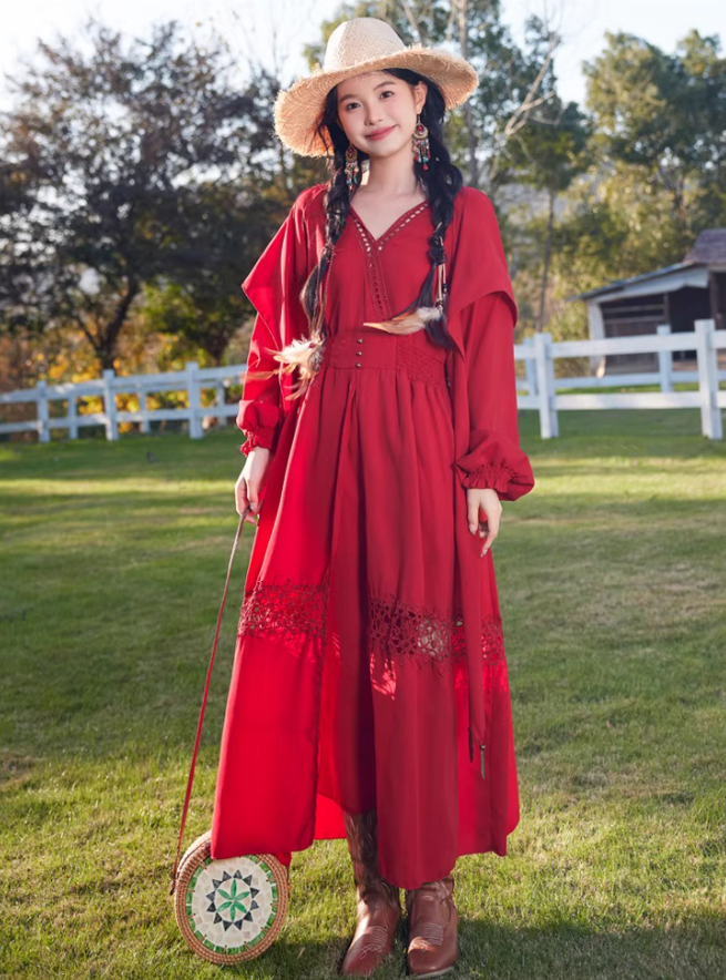 Exotic Style Hollow High-Slit Red Hooded Maxi Dress Rural Photoshoots Lantern Sleeve Long Dress AP1327