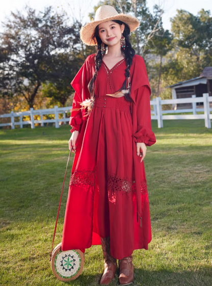 Exotic Style Hollow High-Slit Red Hooded Maxi Dress Rural Photoshoots Lantern Sleeve Long Dress AP1327