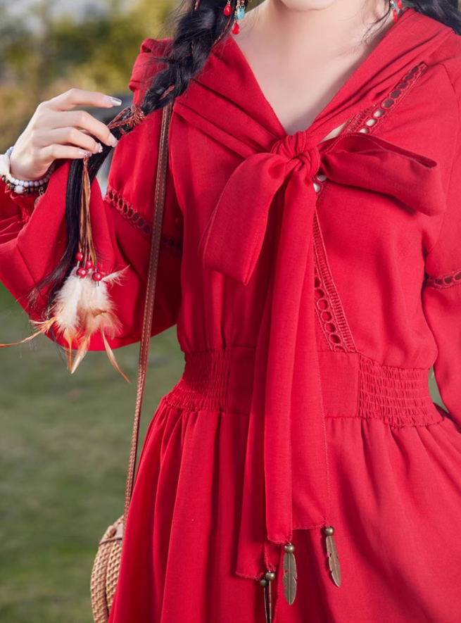 Exotic Style Hollow High-Slit Red Hooded Maxi Dress Rural Photoshoots Lantern Sleeve Long Dress AP1327