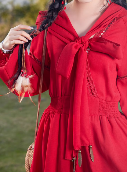 Exotic Style Hollow High-Slit Red Hooded Maxi Dress Rural Photoshoots Lantern Sleeve Long Dress AP1327