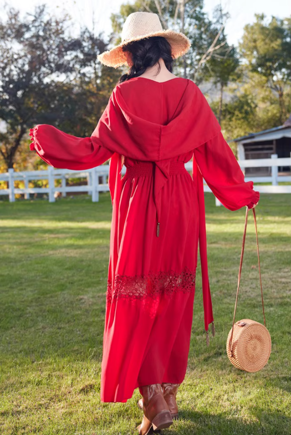 Exotic Style Hollow High-Slit Red Hooded Maxi Dress Rural Photoshoots Lantern Sleeve Long Dress AP1327
