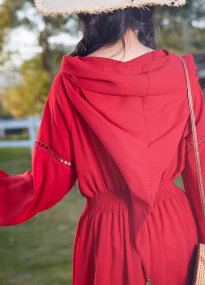 Exotic Style Hollow High-Slit Red Hooded Maxi Dress Rural Photoshoots Lantern Sleeve Long Dress AP1327