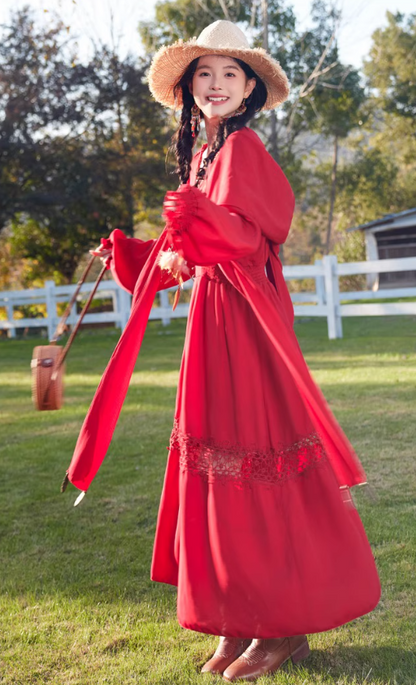 Exotic Style Hollow High-Slit Red Hooded Maxi Dress Rural Photoshoots Lantern Sleeve Long Dress AP1327