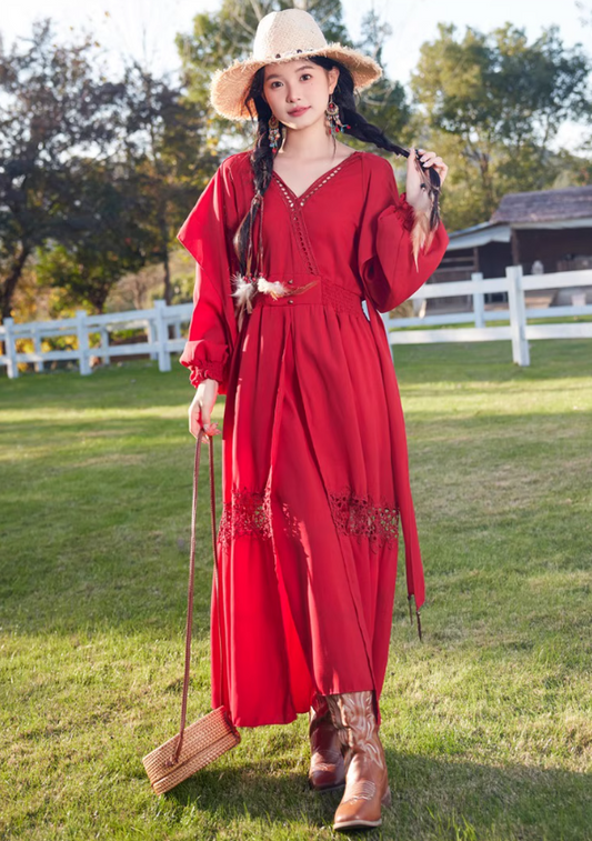 Exotic Style Hollow High-Slit Red Hooded Maxi Dress Rural Photoshoots Lantern Sleeve Long Dress AP1327