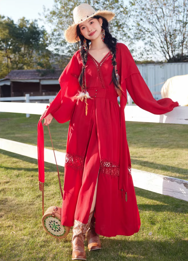 Exotic Style Hollow High-Slit Red Hooded Maxi Dress Rural Photoshoots Lantern Sleeve Long Dress AP1327