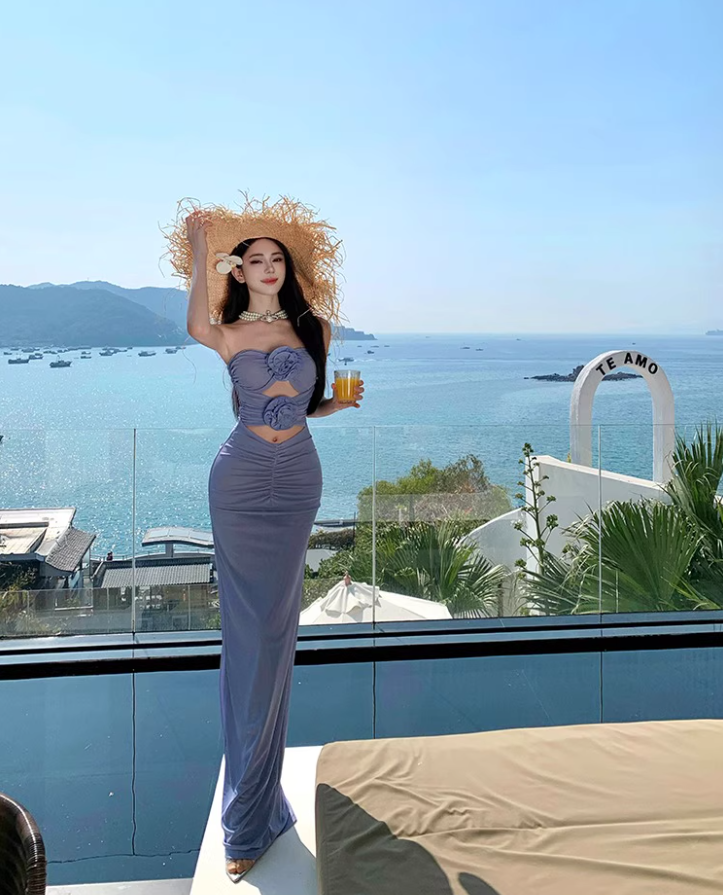 Alluring Purple Cutout Strapless Natural Draped Maxi Dress Chic Sheath Flowers Design Long Dress AP1328