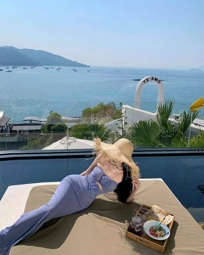 Alluring Purple Cutout Strapless Natural Draped Maxi Dress Chic Sheath Flowers Design Long Dress AP1328