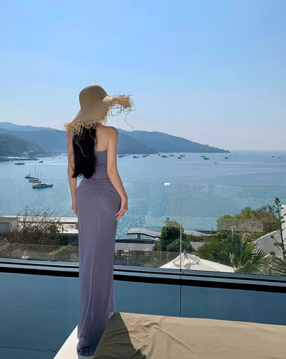 Alluring Purple Cutout Strapless Natural Draped Maxi Dress Chic Sheath Flowers Design Long Dress AP1328