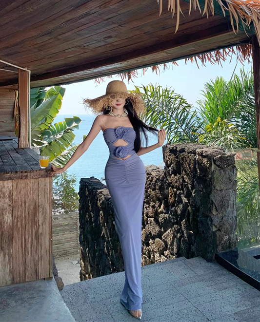 Alluring Purple Cutout Strapless Natural Draped Maxi Dress Chic Sheath Flowers Design Long Dress AP1328