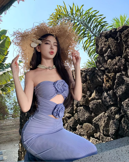 Alluring Purple Cutout Strapless Natural Draped Maxi Dress Chic Sheath Flowers Design Long Dress AP1328