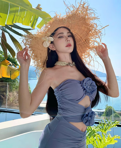 Alluring Purple Cutout Strapless Natural Draped Maxi Dress Chic Sheath Flowers Design Long Dress AP1328