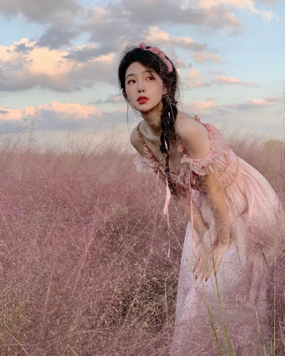 Romantic Off-Shoulder Ruffles Trimmed Maxi Dress Alluring Pink Flowers Design Long Dress AP1329