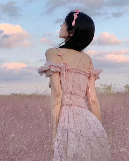 Romantic Off-Shoulder Ruffles Trimmed Maxi Dress Alluring Pink Flowers Design Long Dress AP1329