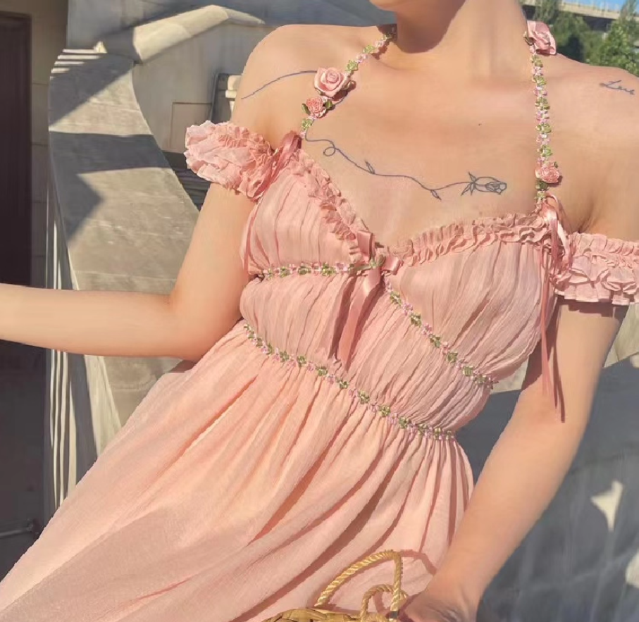 Romantic Off-Shoulder Ruffles Trimmed Maxi Dress Alluring Pink Flowers Design Long Dress AP1329