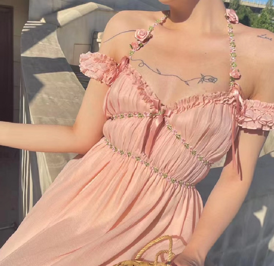 Romantic Off-Shoulder Ruffles Trimmed Maxi Dress Alluring Pink Flowers Design Long Dress AP1329