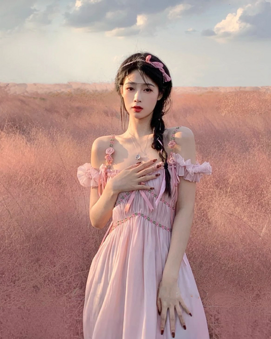 Romantic Off-Shoulder Ruffles Trimmed Maxi Dress Alluring Pink Flowers Design Long Dress AP1329