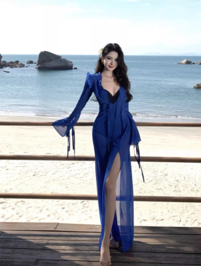 Elegant Long Mesh Sleeve Maxi Dress Beach Pool Outfit Sheer Cover Up Long Dress AP1330