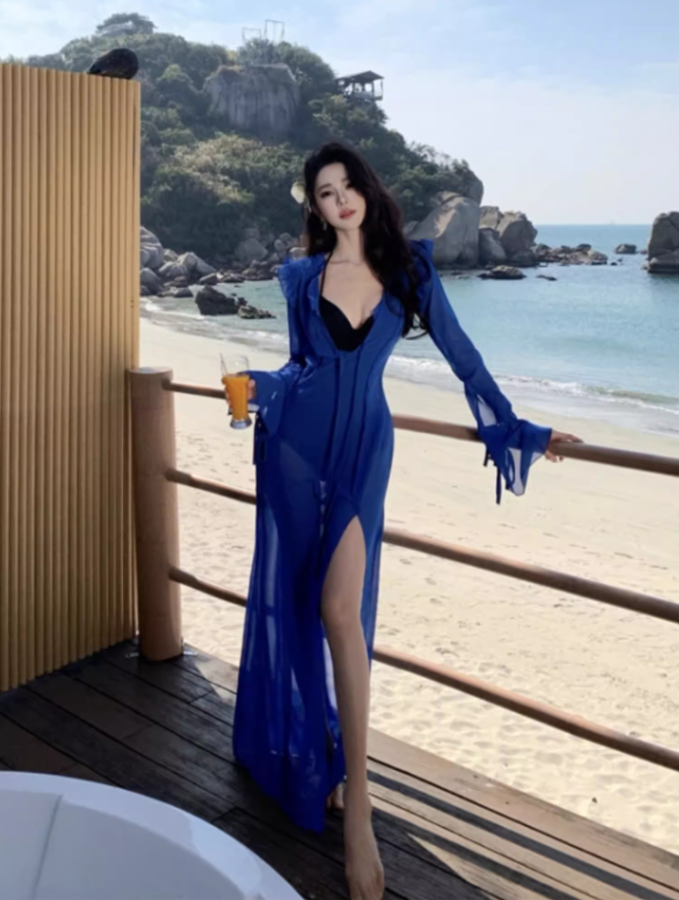 Elegant Long Mesh Sleeve Maxi Dress Beach Pool Outfit Sheer Cover Up Long Dress AP1330