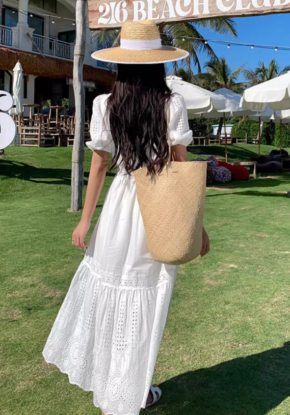 Elegant Hollow-Out Slit  A-Line Maxi Dress Classical Rural Photoshoots Puffy Short Sleeve Long Dress AP1331