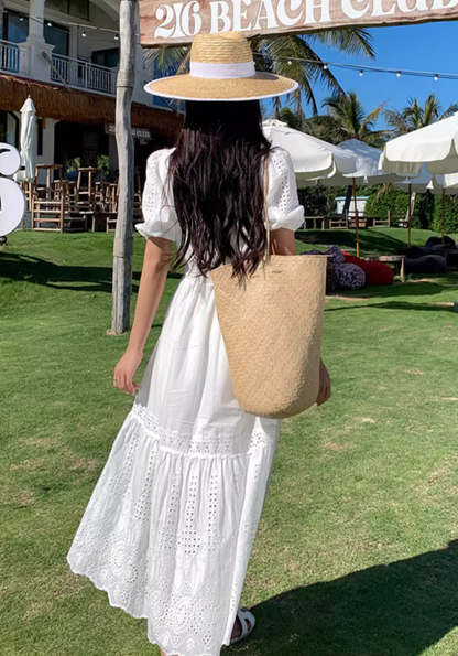 Elegant Hollow-Out Slit  A-Line Maxi Dress Classical Rural Photoshoots Puffy Short Sleeve Long Dress AP1331