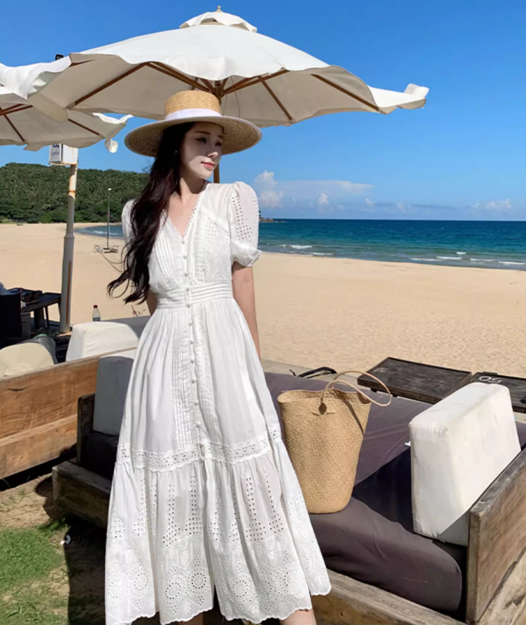 Elegant Hollow-Out Slit  A-Line Maxi Dress Classical Rural Photoshoots Puffy Short Sleeve Long Dress AP1331