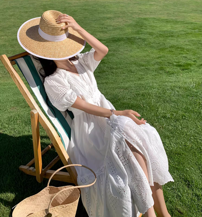 Elegant Hollow-Out Slit  A-Line Maxi Dress Classical Rural Photoshoots Puffy Short Sleeve Long Dress AP1331